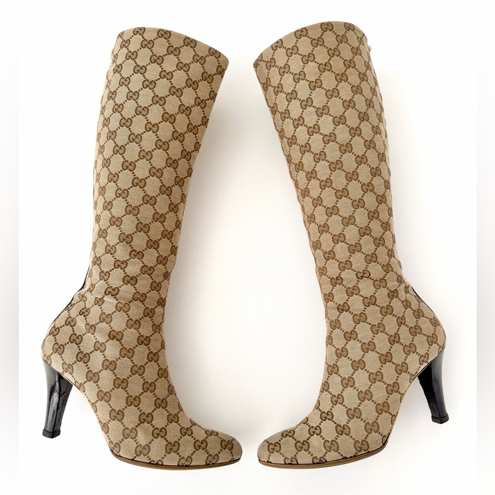 Gucci Beige Monogram Knee-High Heeled Boots - Picture 2 of 16
